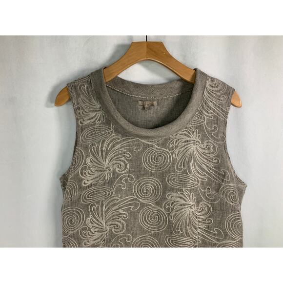 Lina Tomei Linen Embroidered Front Taupe Dress Pockets Classy Comfort Size L - Picture 3 of 8